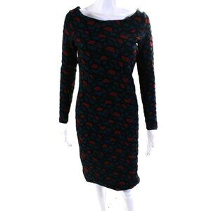 Nadya Toto Geometric Long Sleeved Boat Neck Pencil Dress Blue Red Size Small